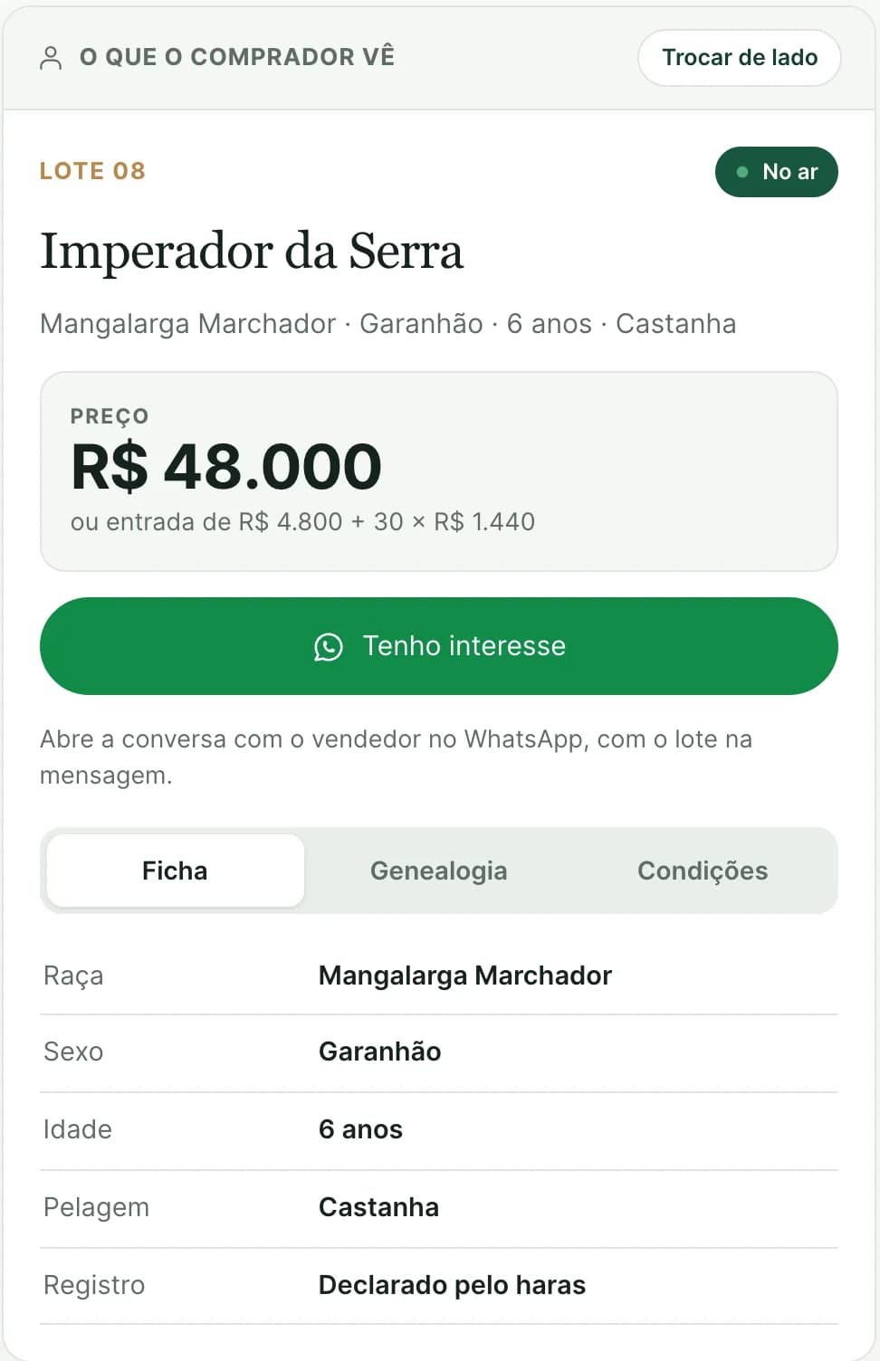 Ficha do Lote 08 no celular: preço, botão Tenho interesse e abas de ficha, genealogia e condições.